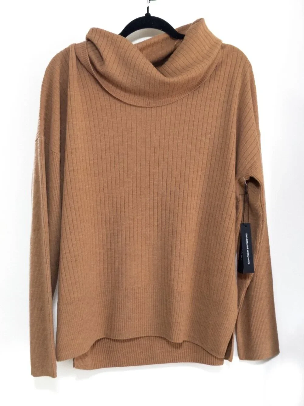 Tahari XL Tan 100% Extra Fine Merino Wool Sweater Cowl Neck Luxury Ribbed NWT - Picture 1 of 4
